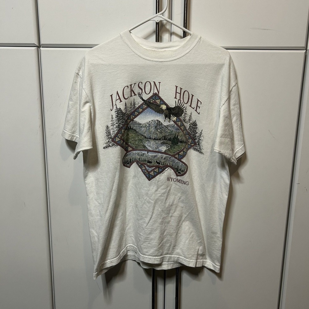 Vintage Anvil Jackson Hole Wyoming Eagle Mountain Graphic T-Shirt White Large